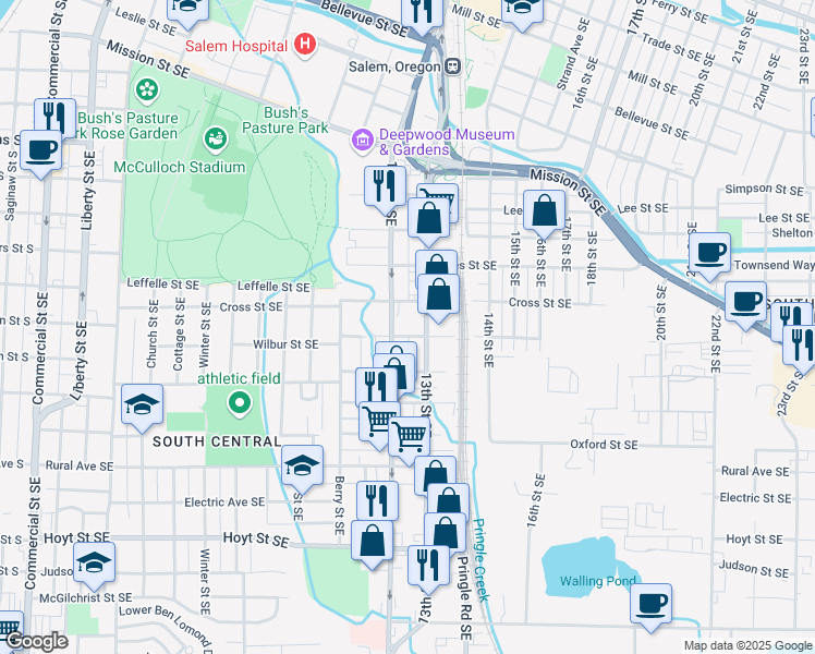 map of restaurants, bars, coffee shops, grocery stores, and more near 1215 Wilbur Street Southeast in Salem
