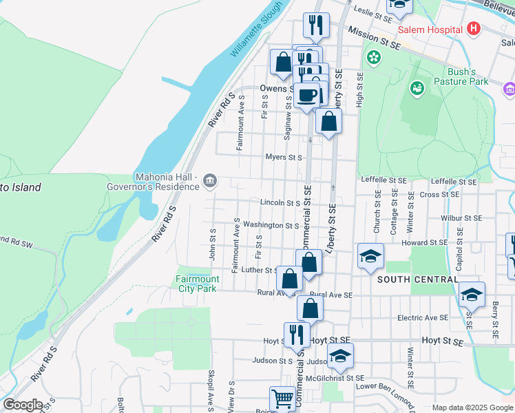 map of restaurants, bars, coffee shops, grocery stores, and more near 340 Lincoln Street South in Salem