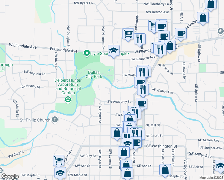 map of restaurants, bars, coffee shops, grocery stores, and more near 528 Southwest Levens Street in Dallas
