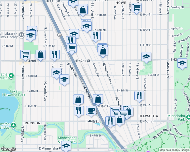 map of restaurants, bars, coffee shops, grocery stores, and more near 3626 East 43rd Street in Minneapolis