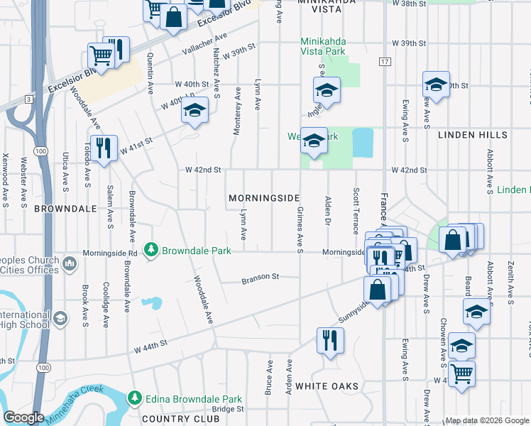 map of restaurants, bars, coffee shops, grocery stores, and more near 4232 Crocker Avenue in Minneapolis