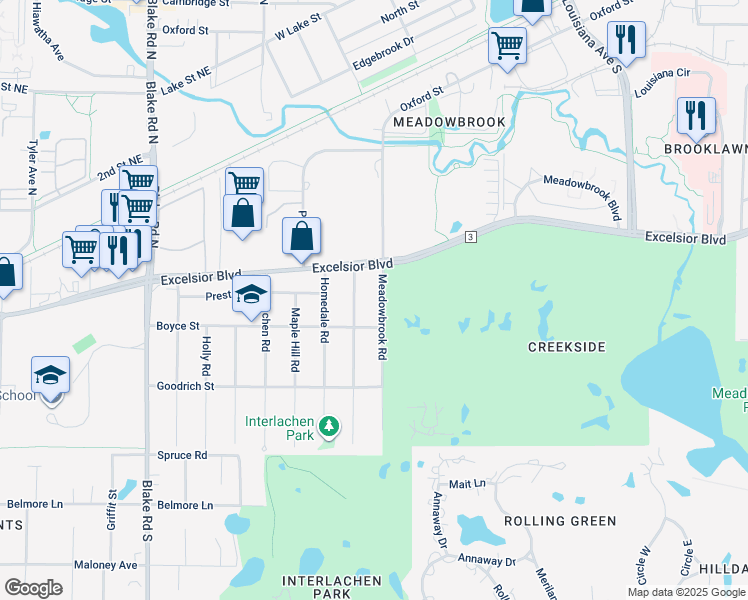 map of restaurants, bars, coffee shops, grocery stores, and more near 19 Hawthorne Road in Hopkins