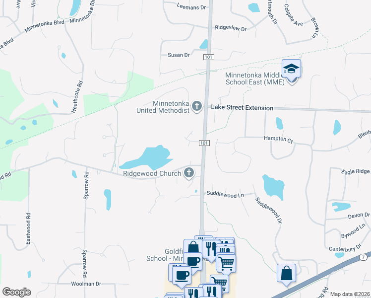 map of restaurants, bars, coffee shops, grocery stores, and more near 4301 Arrowhead Court in Minnetonka
