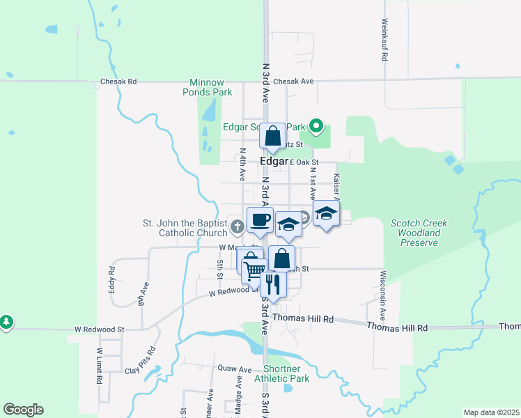 map of restaurants, bars, coffee shops, grocery stores, and more near 227 North 3rd Avenue in Edgar