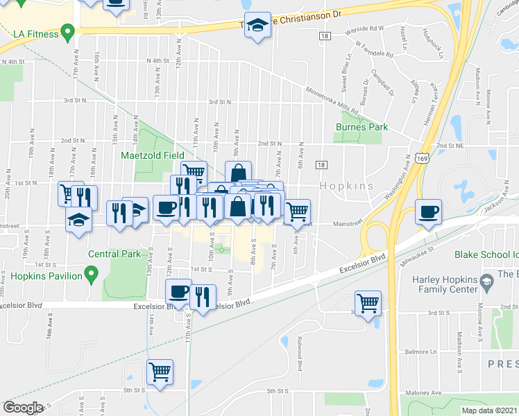 map of restaurants, bars, coffee shops, grocery stores, and more near 15 8th Avenue North in Hopkins