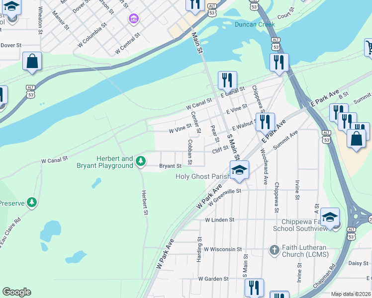 map of restaurants, bars, coffee shops, grocery stores, and more near 202 Cliff Street in Chippewa Falls