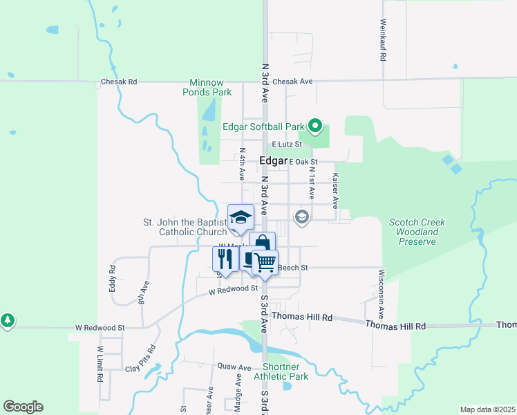 map of restaurants, bars, coffee shops, grocery stores, and more near 227 North 3rd Avenue in Edgar