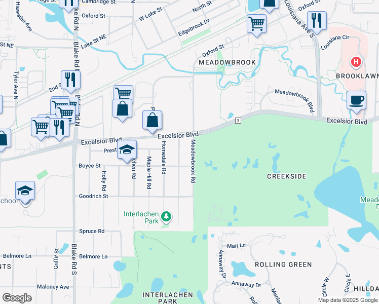map of restaurants, bars, coffee shops, grocery stores, and more near 19 Hawthorne Road in Hopkins