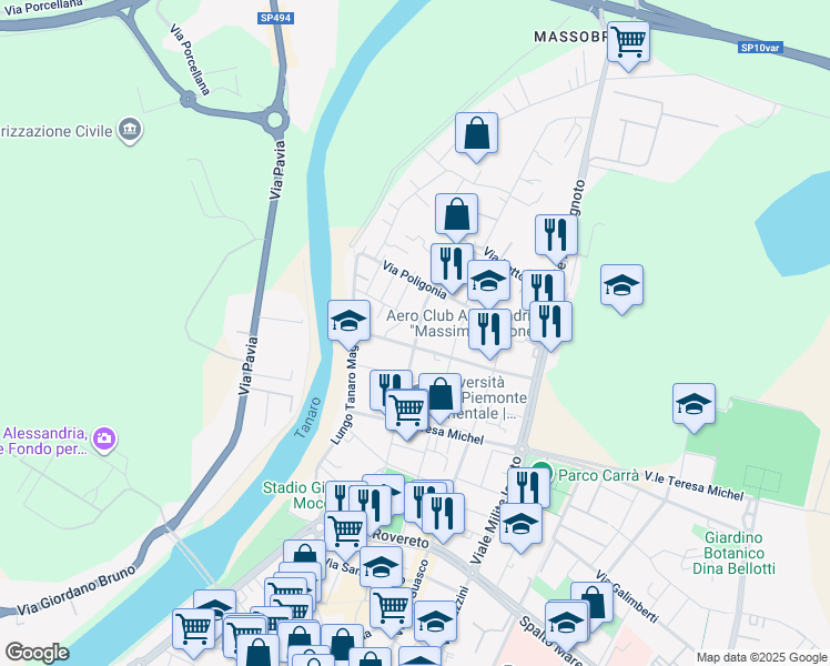map of restaurants, bars, coffee shops, grocery stores, and more near 46 Via Vincenzo Bellini in Alessandria