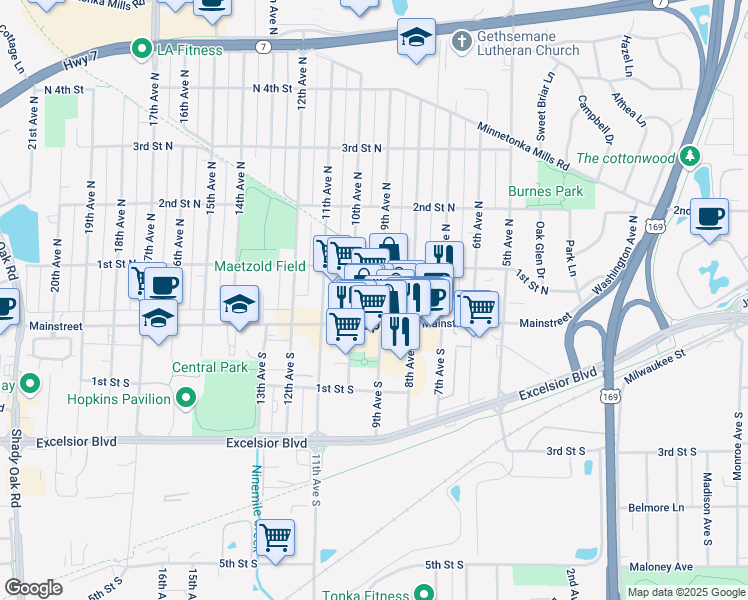 map of restaurants, bars, coffee shops, grocery stores, and more near in Hopkins