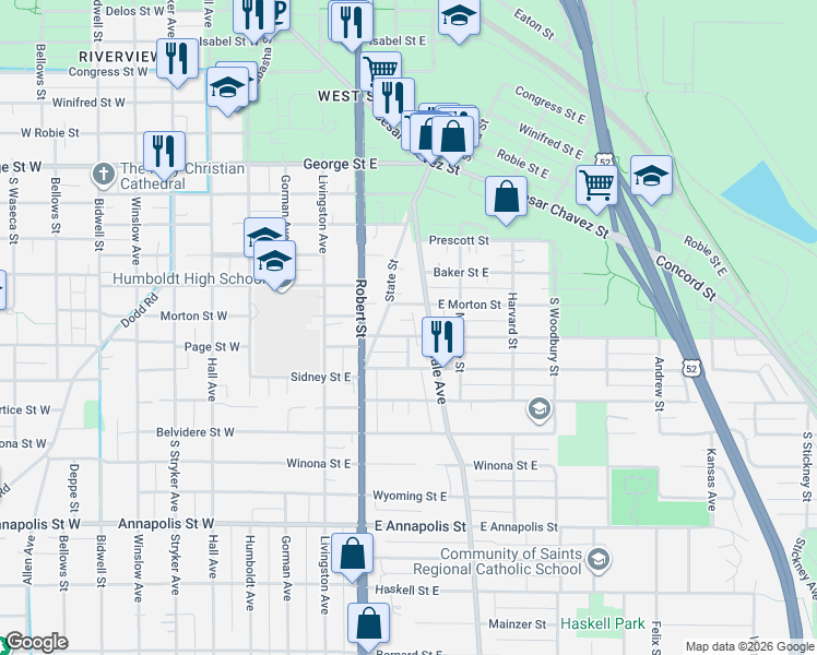 map of restaurants, bars, coffee shops, grocery stores, and more near 141 Page Street East in Saint Paul