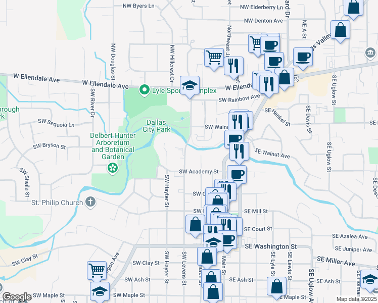 map of restaurants, bars, coffee shops, grocery stores, and more near 528 Southwest Levens Street in Dallas