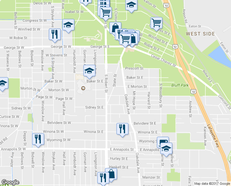 map of restaurants, bars, coffee shops, grocery stores, and more near 141 Page Street East in Saint Paul