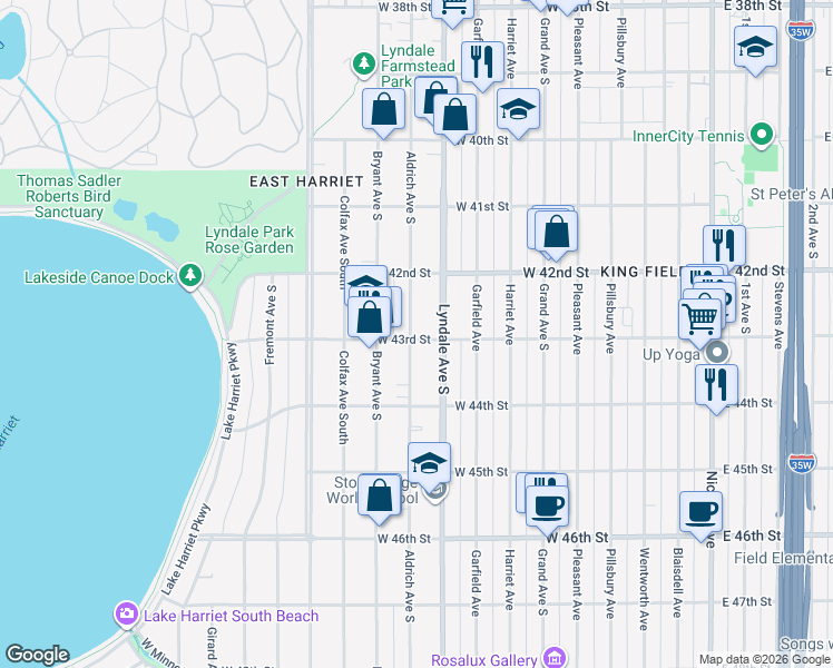 map of restaurants, bars, coffee shops, grocery stores, and more near 4253 Aldrich Avenue South in Minneapolis