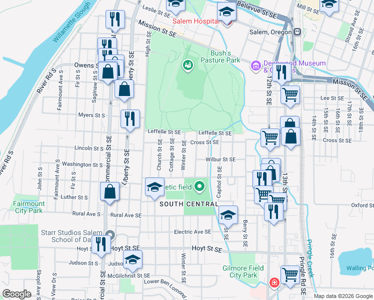 map of restaurants, bars, coffee shops, grocery stores, and more near 1642 Winter Street Southeast in Salem