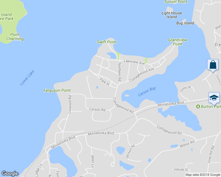 map of restaurants, bars, coffee shops, grocery stores, and more near 20345 Park Place in Excelsior