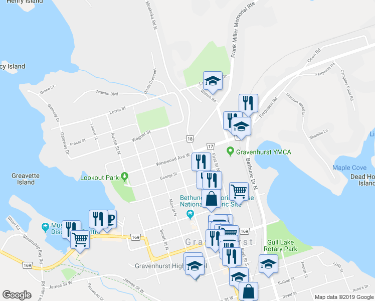 map of restaurants, bars, coffee shops, grocery stores, and more near 130 Winewood Avenue West in Gravenhurst