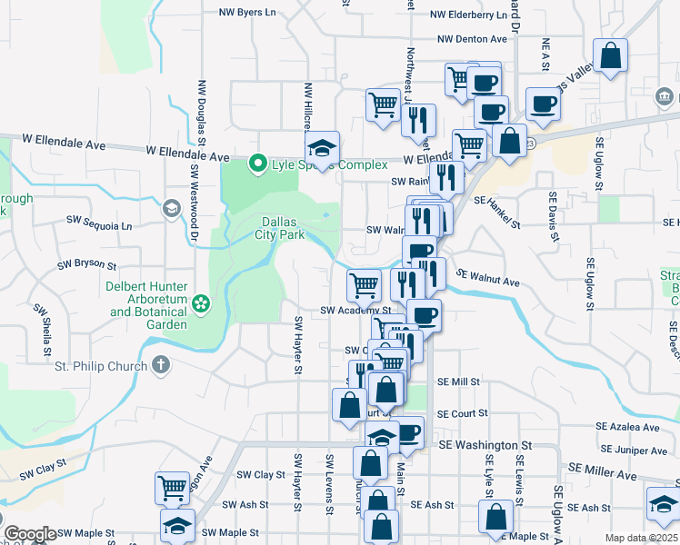 map of restaurants, bars, coffee shops, grocery stores, and more near 528 Southwest Levens Street in Dallas