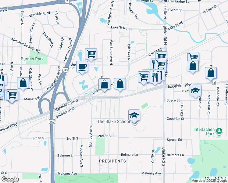 map of restaurants, bars, coffee shops, grocery stores, and more near 8960 Excelsior Boulevard in Hopkins