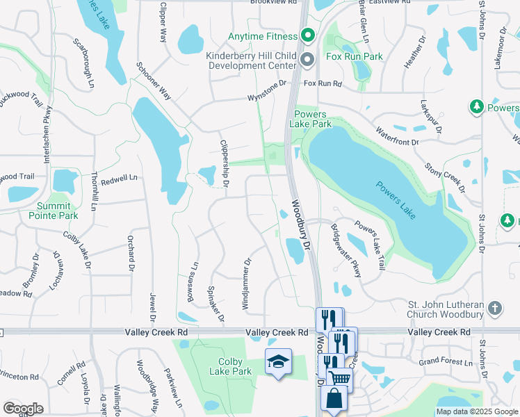 map of restaurants, bars, coffee shops, grocery stores, and more near 1661 Regatta Bay in Woodbury