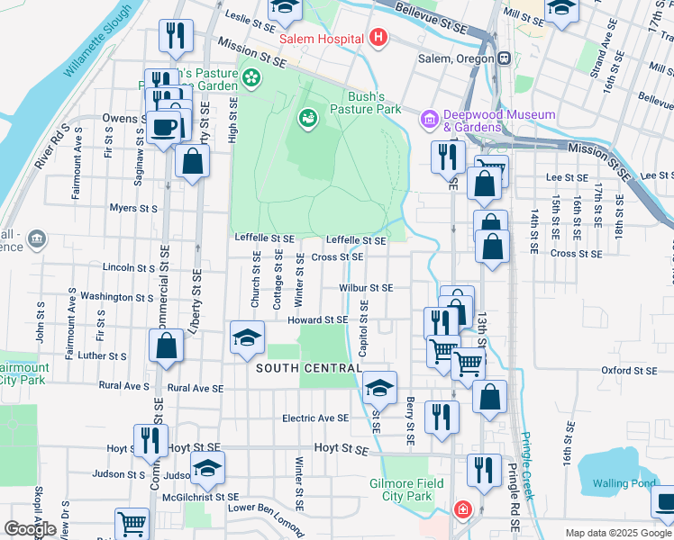 map of restaurants, bars, coffee shops, grocery stores, and more near 1675 Davidson Street Southeast in Salem