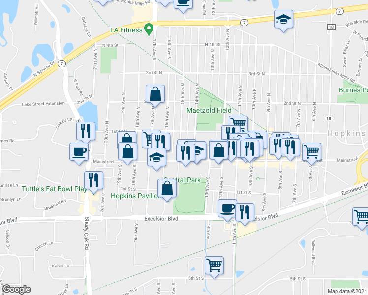 map of restaurants, bars, coffee shops, grocery stores, and more near 9 15th Avenue North in Hopkins