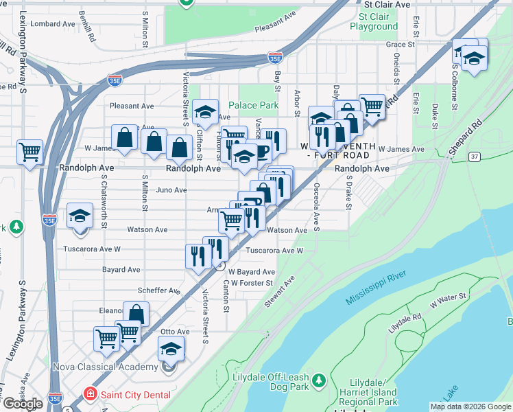 map of restaurants, bars, coffee shops, grocery stores, and more near 763 Armstrong Avenue West in Saint Paul