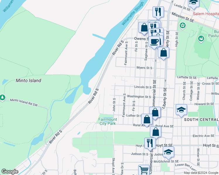 map of restaurants, bars, coffee shops, grocery stores, and more near 525 Lane Place South in Salem