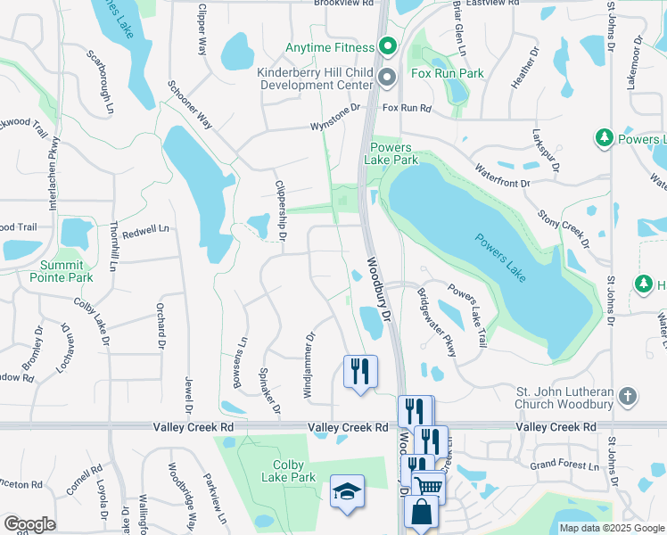 map of restaurants, bars, coffee shops, grocery stores, and more near 1661 Regatta Bay in Woodbury