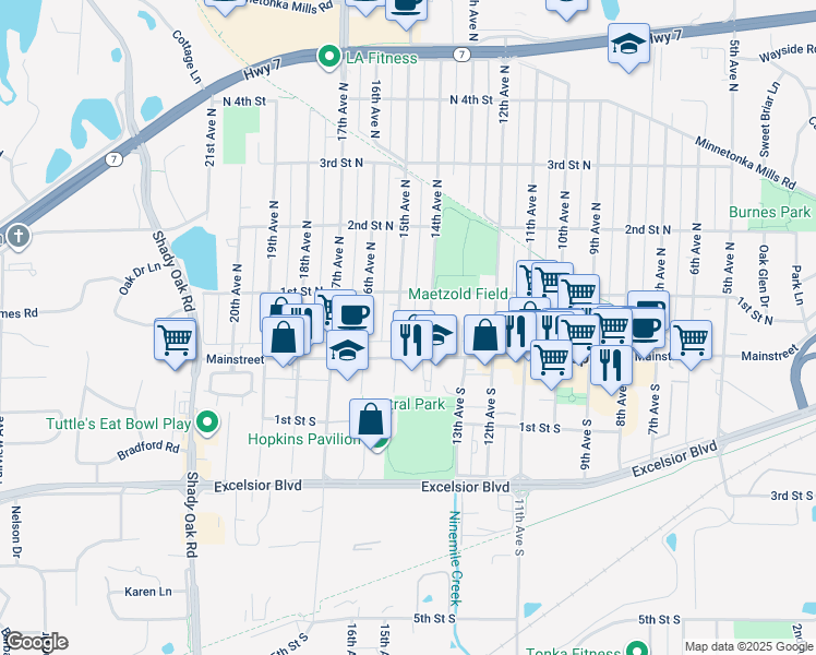 map of restaurants, bars, coffee shops, grocery stores, and more near 9 15th Avenue North in Hopkins