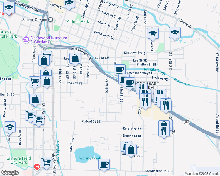 map of restaurants, bars, coffee shops, grocery stores, and more near 1220 20th Street Southeast in Salem