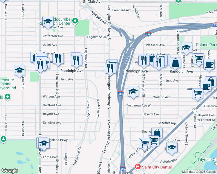 map of restaurants, bars, coffee shops, grocery stores, and more near 535 Lexington Pkwy S in St Paul