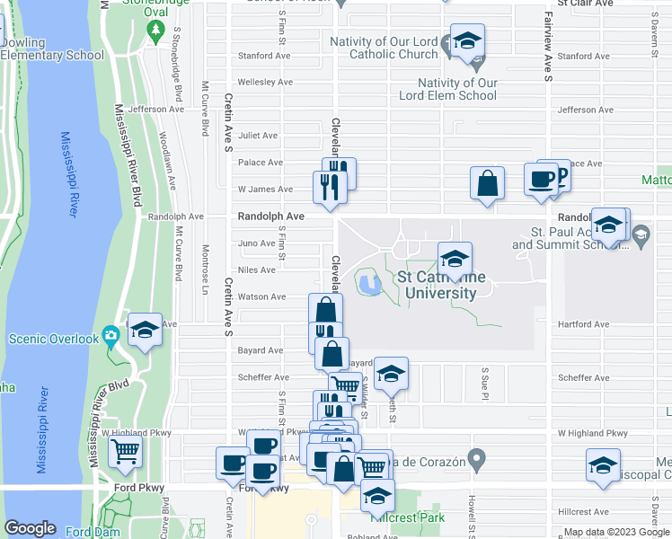 map of restaurants, bars, coffee shops, grocery stores, and more near 1591 West Niles Avenue in Saint Paul