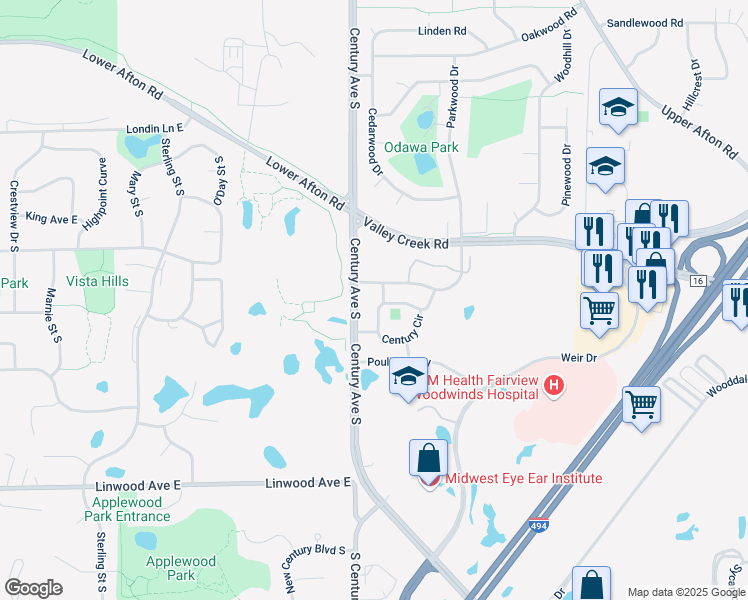 map of restaurants, bars, coffee shops, grocery stores, and more near 1671 Century Circle in Woodbury