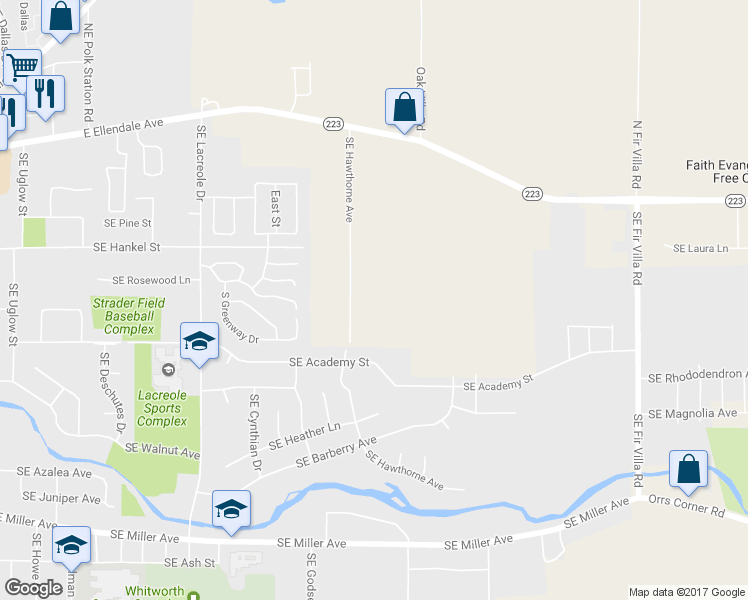 map of restaurants, bars, coffee shops, grocery stores, and more near 490 Southeast Hawthorne Avenue in Dallas