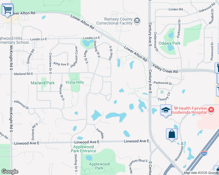 map of restaurants, bars, coffee shops, grocery stores, and more near 563 Deer Ridge Lane South in Maplewood