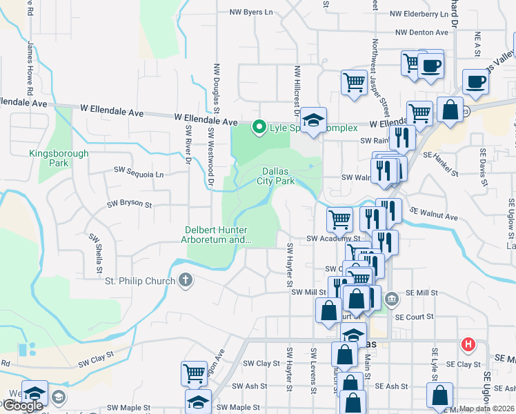 map of restaurants, bars, coffee shops, grocery stores, and more near SW Branvold Dr in Dallas