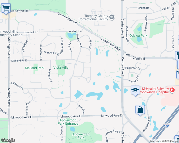 map of restaurants, bars, coffee shops, grocery stores, and more near 563 Deer Ridge Lane South in Maplewood