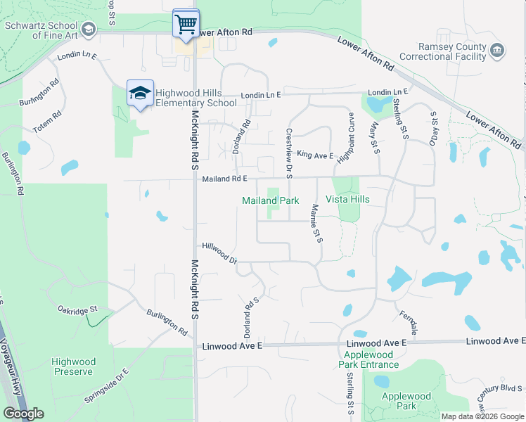 map of restaurants, bars, coffee shops, grocery stores, and more near 2378 Teakwood Drive East in Maplewood