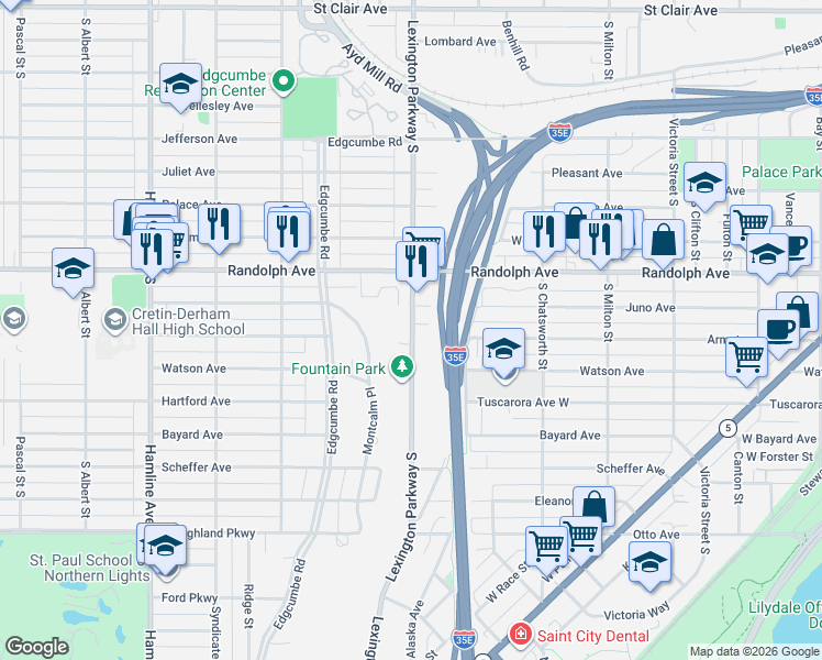map of restaurants, bars, coffee shops, grocery stores, and more near Saint Paul Avenue in Saint Paul