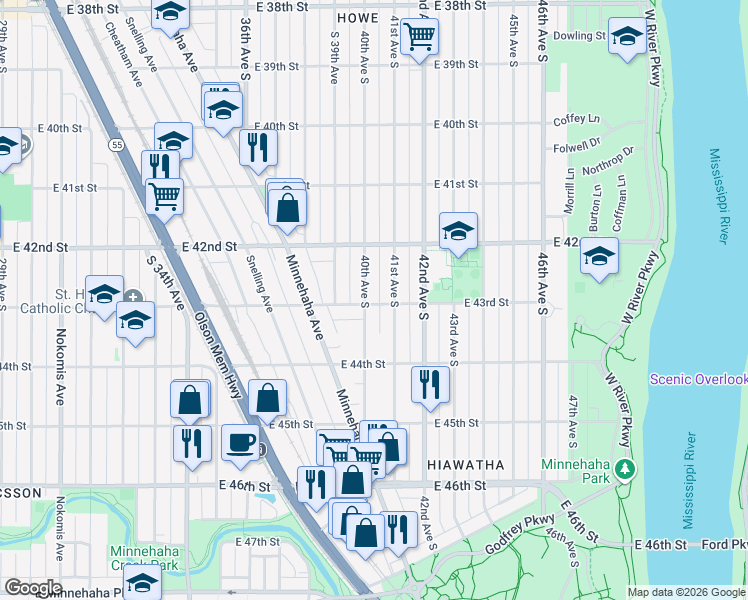 map of restaurants, bars, coffee shops, grocery stores, and more near 4300 41st Avenue South in Minneapolis