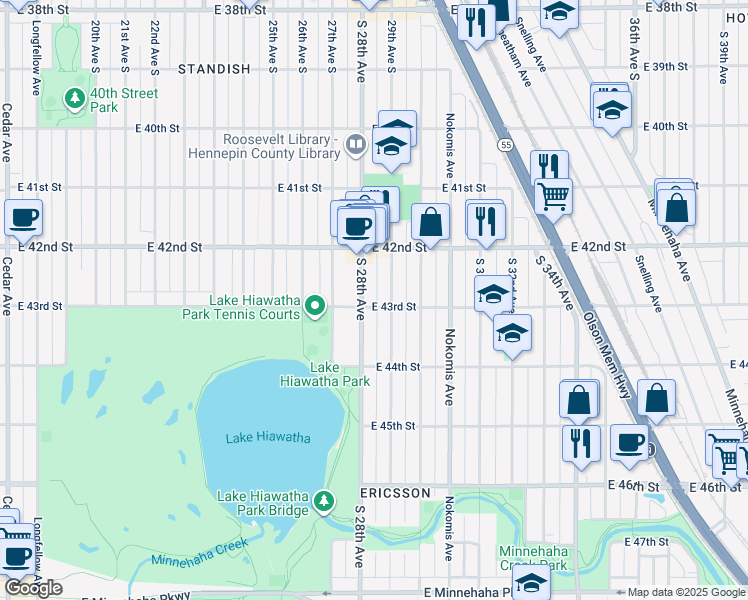 map of restaurants, bars, coffee shops, grocery stores, and more near 4300 29th Avenue South in Minneapolis