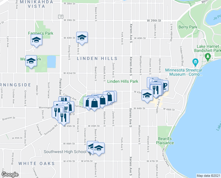 map of restaurants, bars, coffee shops, grocery stores, and more near 4301 Abbott Avenue South in Minneapolis