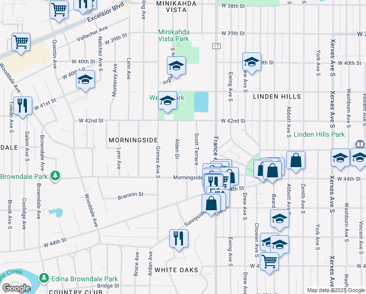 map of restaurants, bars, coffee shops, grocery stores, and more near 4228 Scott Terrace in Edina