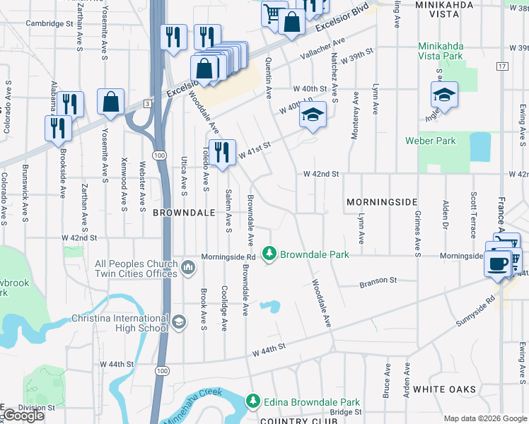 map of restaurants, bars, coffee shops, grocery stores, and more near 4956 Devaney Street in Minneapolis