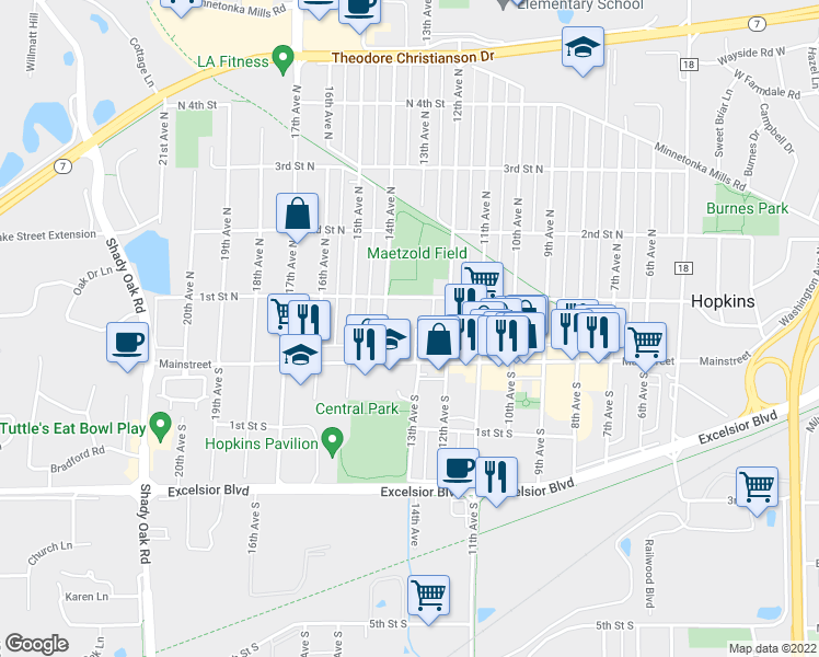 map of restaurants, bars, coffee shops, grocery stores, and more near 31 Renaissance Court in Hopkins