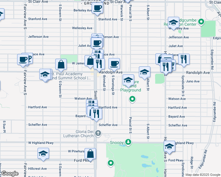 map of restaurants, bars, coffee shops, grocery stores, and more near 547 South Saratoga Street in Saint Paul