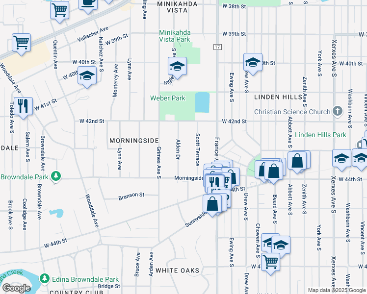map of restaurants, bars, coffee shops, grocery stores, and more near 4228 Scott Terrace in Edina
