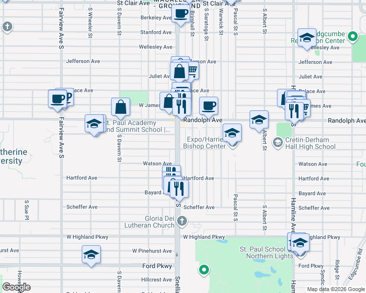 map of restaurants, bars, coffee shops, grocery stores, and more near 542 Snelling Avenue South in Saint Paul