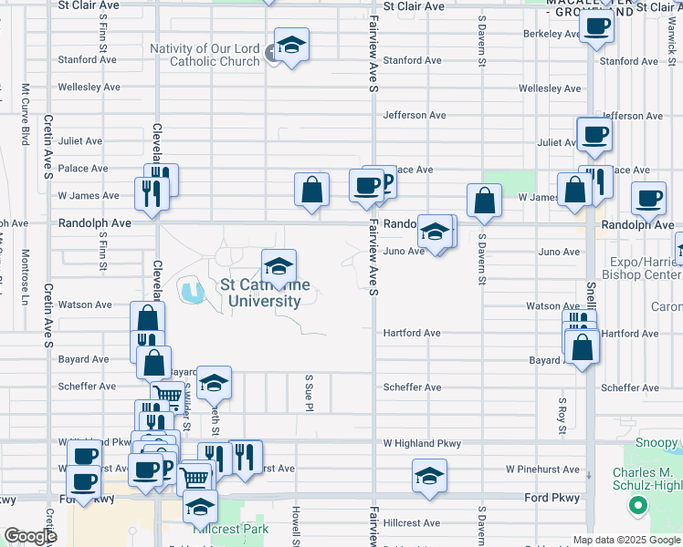 map of restaurants, bars, coffee shops, grocery stores, and more near 525 Fairview Avenue South in Saint Paul